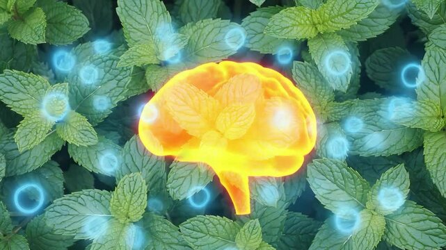 A close up view of fresh green mint leaves filling the entire frame from an overhead angle. Brain made of glowing mint leaves. Herbal brain with neon energy. Mint plant shaped like a brain