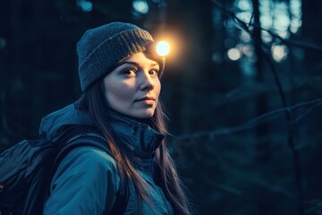 Adventurous Woman Exploring the Dark Forest at Night with a Headlamp: A Stunning Hiking Experience