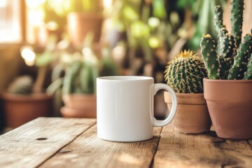 Chic Cafe Mug Mock-Up: White Coffee Cup Close-Up Surrounded by Cacti on Wooden Table with Blurred Background for Custom Quotes and Design Display