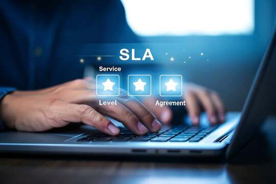 Person typing on laptop with glowing sla service level agreement rating interface
