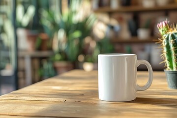 Fototapeta premium Stylish Coffee Cup Presentation. White Mug Displayed in a Cozy Cafe with Cacti and Blurred Ambiance for Custom Design Insertion.