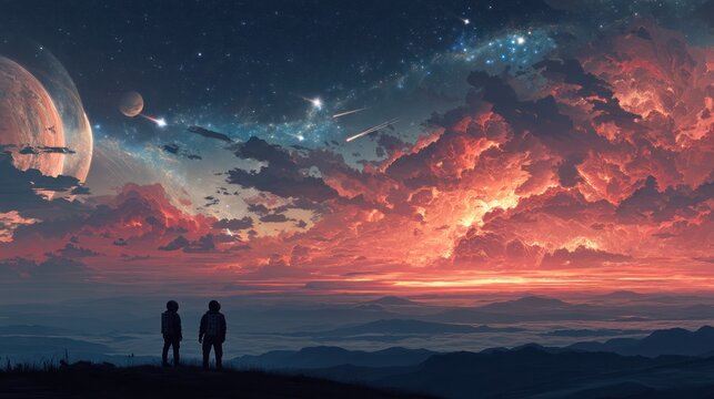 Futuristic landscape featuring astronauts observing a glowing red planet rupture, with cosmic bodies and interstellar clouds illuminating the distant horizon