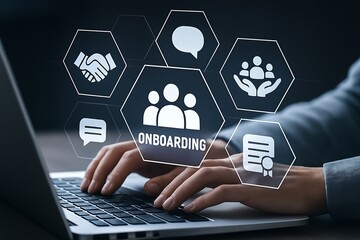 Digital onboarding process with icons for teamwork communication and success on laptop