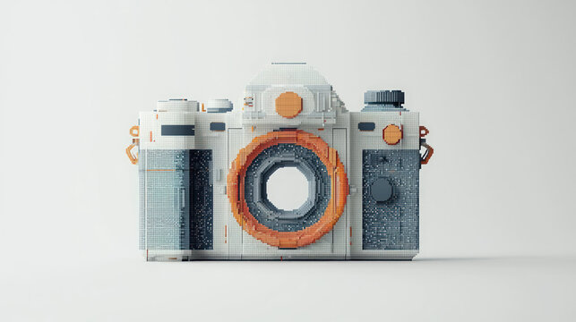 A stylized, 3D-rendered camera, featuring a futuristic design with pale white and orange accents.?Its form is blocky and textured, giving it a unique aesthetic - Powered by Adobe