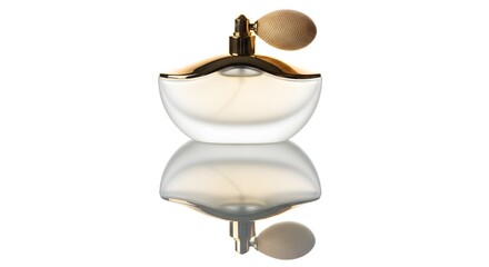 Obraz premium A perfume bottle with a gold top and bulb atomizer sits on a reflective white surface in a studio shot