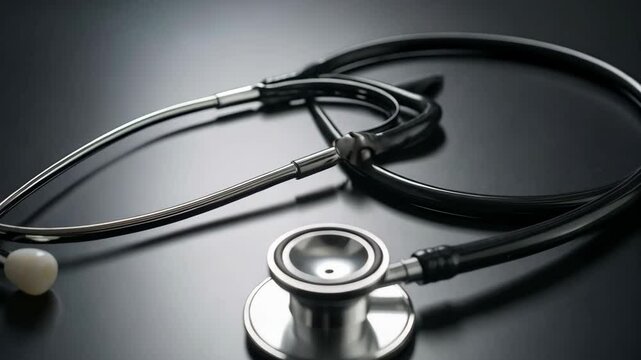 Close up studio shot of stethoscope for medical examination on dark grey table top