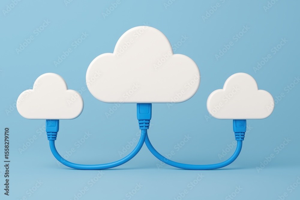 Fototapete Cloud Computing Network: White cloud computing nodes connected by blue cables form a network, symbolizing data transfer and the power of the cloud.