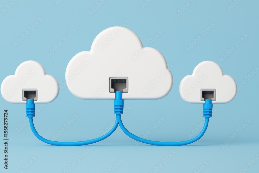Fototapete Cloud Computing: Illustrating the essence of cloud computing, the image depicts three white cloud shapes connected via network cables on a blue background.