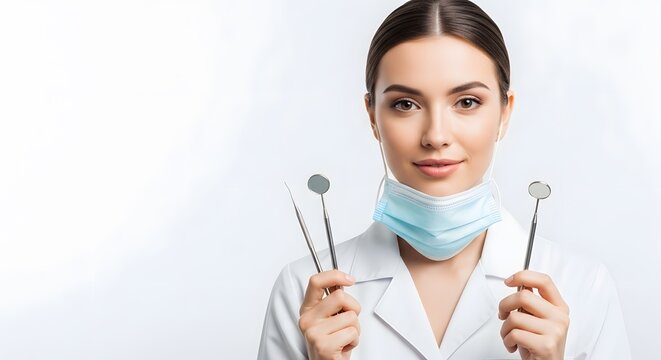 Portrait of a female dentist holding dental tools with a mask around her neck on white background