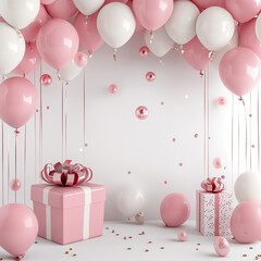 gift box with balloons against white wall made with generative AI