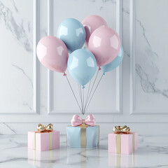 gift box with balloons against white wall made with generative AI