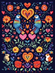 Colorful Folk Art Birds, Hearts, and Flowers Composition made with generating AI