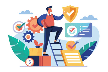 Quality control manager climbing a ladder to ensure product standards and safety in a modern workspace