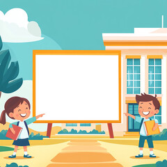 Children presenting in front of a school building with an offer displayed made with generating AI
