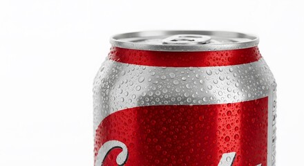 Close up of a red and silver soda can covered in condensation drops against a white background