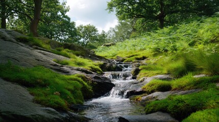 Obraz premium Gentle stream creating a cascading waterfall effect down moss-covered rocks in a quiet woodland