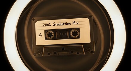 Retro Audio Cassette Tape Glowing with Swirling Sepia Light on a Dark Background Nostalgic Music Concept