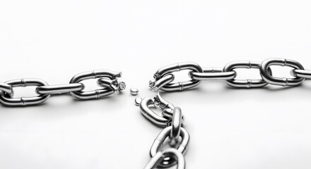 Obraz premium A broken metal chain with shattered links against a clean white background in a studio setting