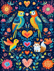Obraz premium Colorful Folk Art Birds, Hearts, and Flowers Composition made with generating AI