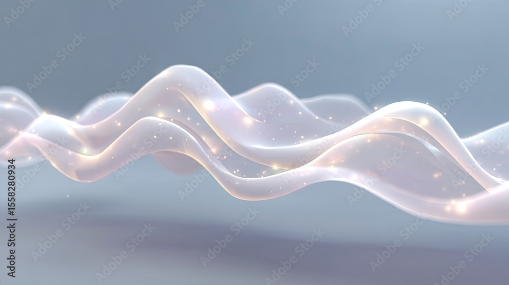Poster glowing wave pattern resembling sound waves in white on a soft abstract digital background