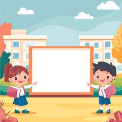Children presenting in front of a school building with an offer displayed made with generating AI