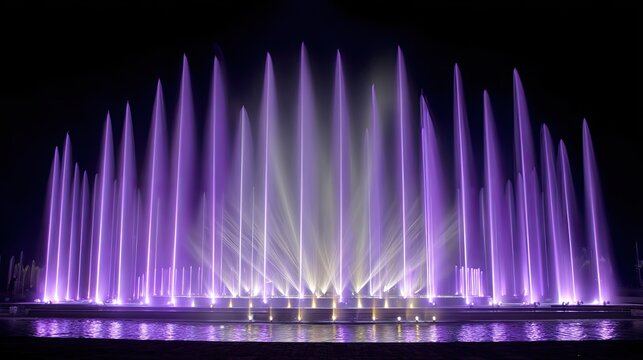 Grand opening of musical fountain display with powerful lights highlighting streams in motion