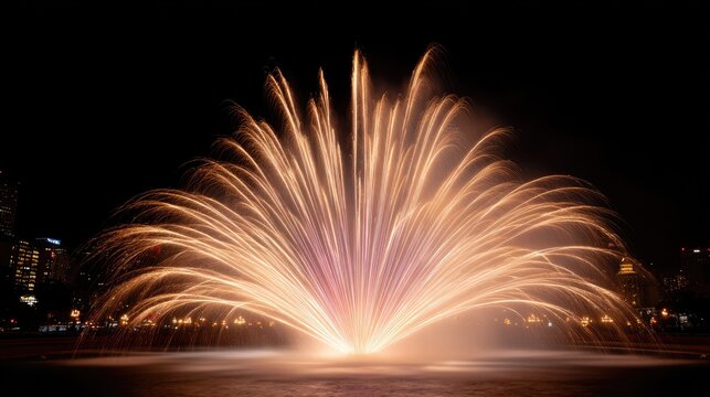 Graphic water fan shape created by high-pressure fountain lit with fiery red and gold lights - Powered by Adobe