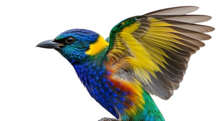 Obraz premium Close up of a colorful bird with wings spread against a white background displaying vibrant plumage