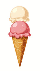 Ice cream cone with pink and white scoops on a white background  