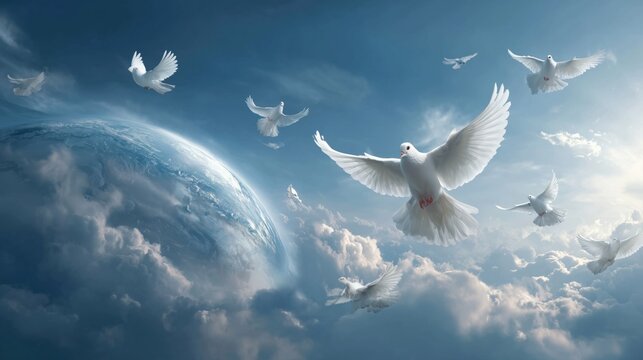 White doves soaring above Earth in a cosmic dreamlike sky symbolizing International Day of Peace ideal for unity, global awareness, anti-war campaigns and spiritual themes