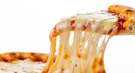 A slice of pizza being lifted with cheese stretching down against a white studio background view close up