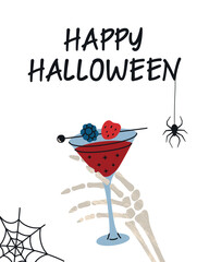 Flat cartoon vector illustration Halloween card, skeleton hand holding spooky cocktail, witch heart. Design with gothic drink, spiderweb and happy halloween lettering for party invitations, bar menu