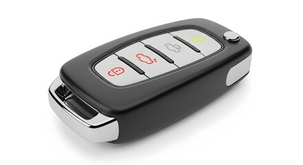 Close up of a modern car key fob with multiple buttons on a white background in studio lighting