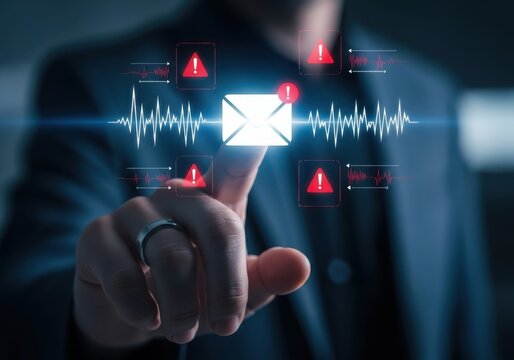 Man s finger touching glowing envelope with warning signs and data charts - Powered by Adobe