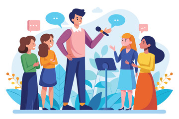 Speaker engages with audience of women while addressing topics of interest in an interactive setting during a public speaking event