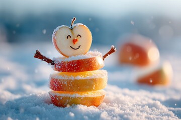 Creative slices build a cheerful snowman from fruit in a winter setting