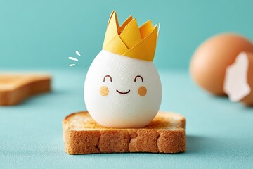 Adorable egg wearing paper crown sits on toast with eggs in background