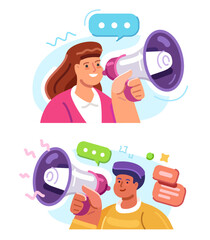 Woman announcing news using megaphone social media marketing. Man with loudspeaker. Promotion, advertising