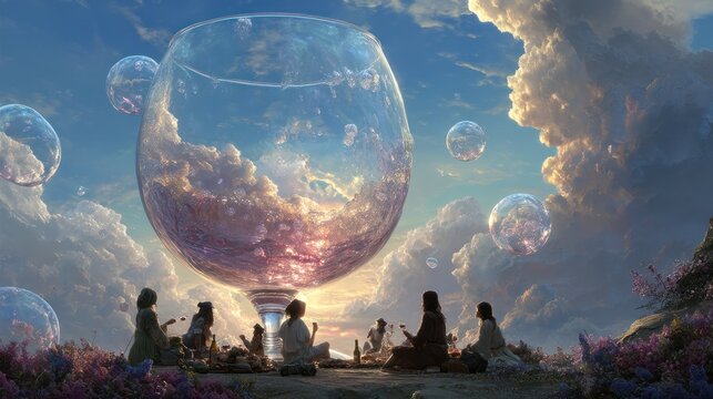 Hyper-detailed fantasy scene of people picnicking around an enormous wine glass, surrounded by oversized bubbles and warm, glowing sunshine