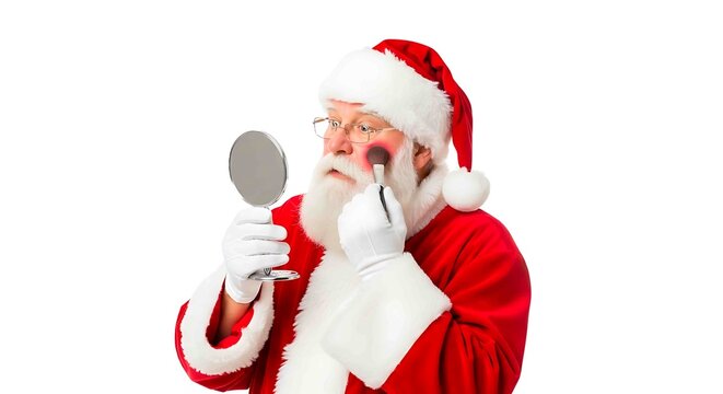 Santa claus applying blush with a brush while looking in a mirror on a white background for christmas