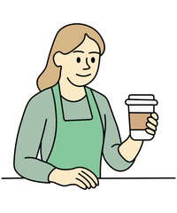  A female barista holding a paper takeaway coffee cup, ready to serve a customer at a café.