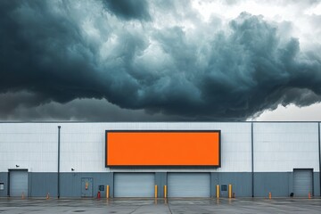 Obraz premium Industrial Warehouse Under Dramatic Stormy Sky with Blank Signage Awaiting Customization