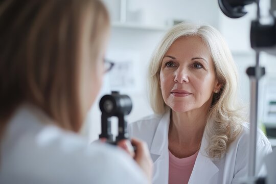 Senior Woman Engaged in Consultation with Eye Specialist in Modern Ophthalmology Clinic - Powered by Adobe