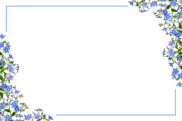rig of blue forget-me-not (brunnera) flowers in a corner floral arrangements and a frame isolated on white or transparent background
