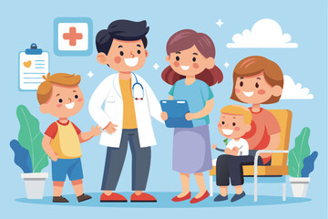 Children experience a doctor's consultation with a friendly physician and supportive parents in a colorful clinic environment during a sunny day