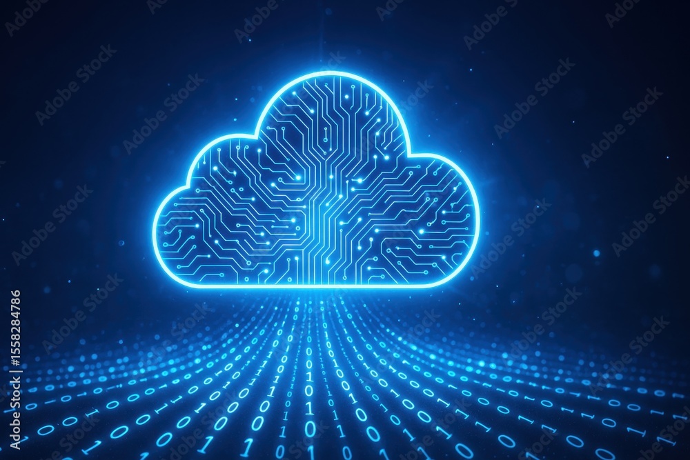Poster cloud computing network: a digital representation of cloud computing, with a glowing cloud silhouett