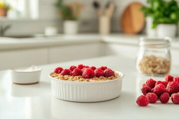 Fresh baked oatmeal with raspberries on a white kitchen countertop surrounded by jars of ingredients and greenery in the background