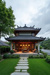 A luxurious modern home nestled in a green landscape with a spacious yard and contemporary design, 3D render.