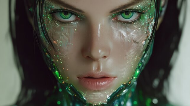 Hyperrealistic close-up of a cybernetic being with glowing circuitry skin and green eyes, elegant dark hair and smooth, metallic anatomy beneath a blurred tech-inspired background