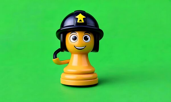 Cheerful Chess Pawn in Firefighter Helmet on Green Background
